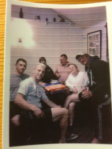 Retro Polaroid: Callum Blair, Justin Powick, Matt Burleigh & Max Anderson celebrate Preston's Beds league win back at the Lion with Jo, Shannon & pizza